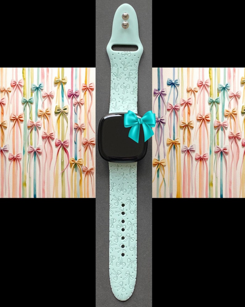 May include: A light blue smartwatch band with a bow pattern and a black watch face. The band is adorned with a repeating design of small bows. A teal bow is attached to the watch face. The background features watercolor paintings of bows.