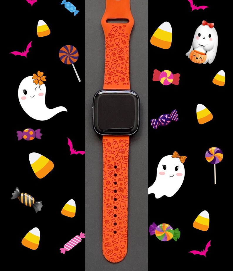 Puede incluir: Pulsera de reloj de silicona naranja con tem&aacute;tica de Halloween. La pulsera est&aacute; decorada con fantasmas, ma&iacute;z dulce, murci&eacute;lagos y caramelos. La esfera del reloj es negra y tiene un borde blanco.