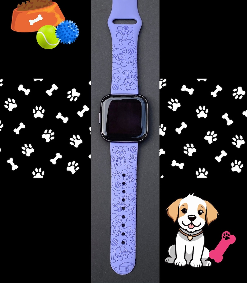 May include: A purple silicone watch band with a pattern of dogs, bones, and paw prints. The band is designed for a smartwatch.