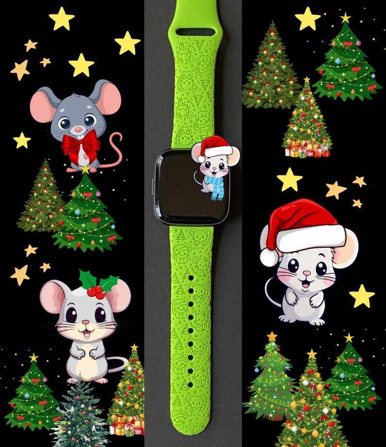 May include: A green Apple Watch band with a Christmas-themed design featuring mice, Christmas trees, and stars. The band has a repeating pattern of mice wearing Santa hats, Christmas trees, and stars.