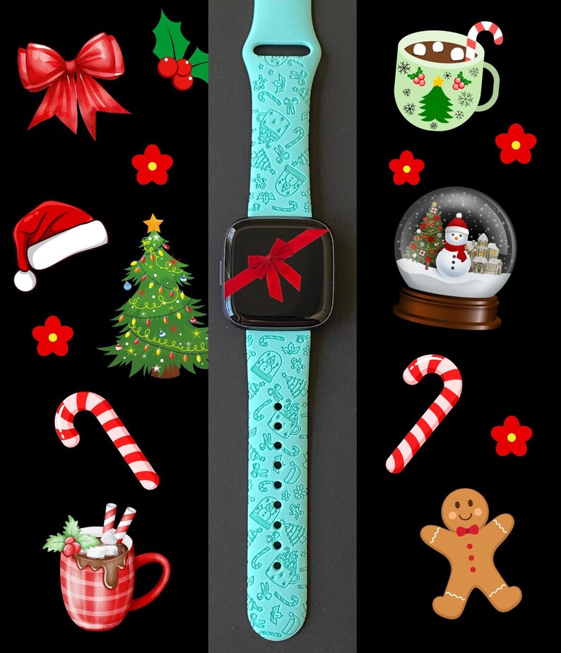 May include: A turquoise smartwatch band with a Christmas-themed design. The band features a variety of festive icons, including candy canes, snowmen, Christmas trees, and ornaments.