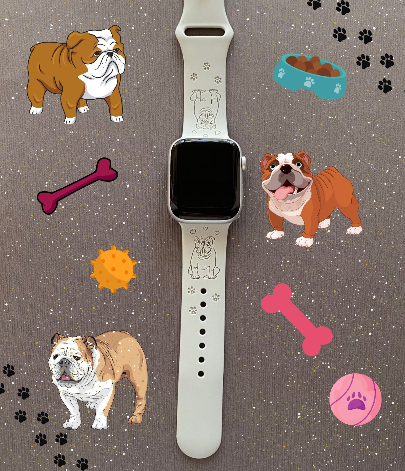 English Bulldog Watch Band Silicone Engraved Band 38mm 40mm 41mm