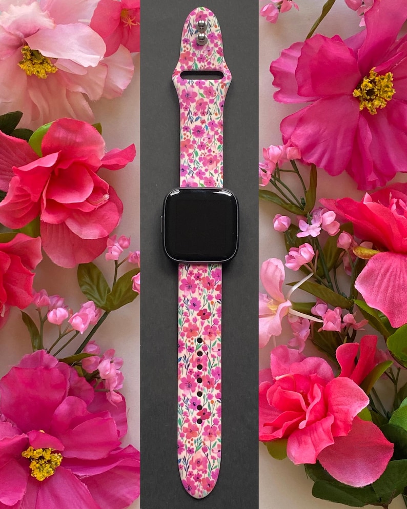 Pink Wildflowers Fitbit Versa 3/Fitbit Versa 4/Versa Sense Silicone Floral Cute Flowers Watchband Replacement image 1