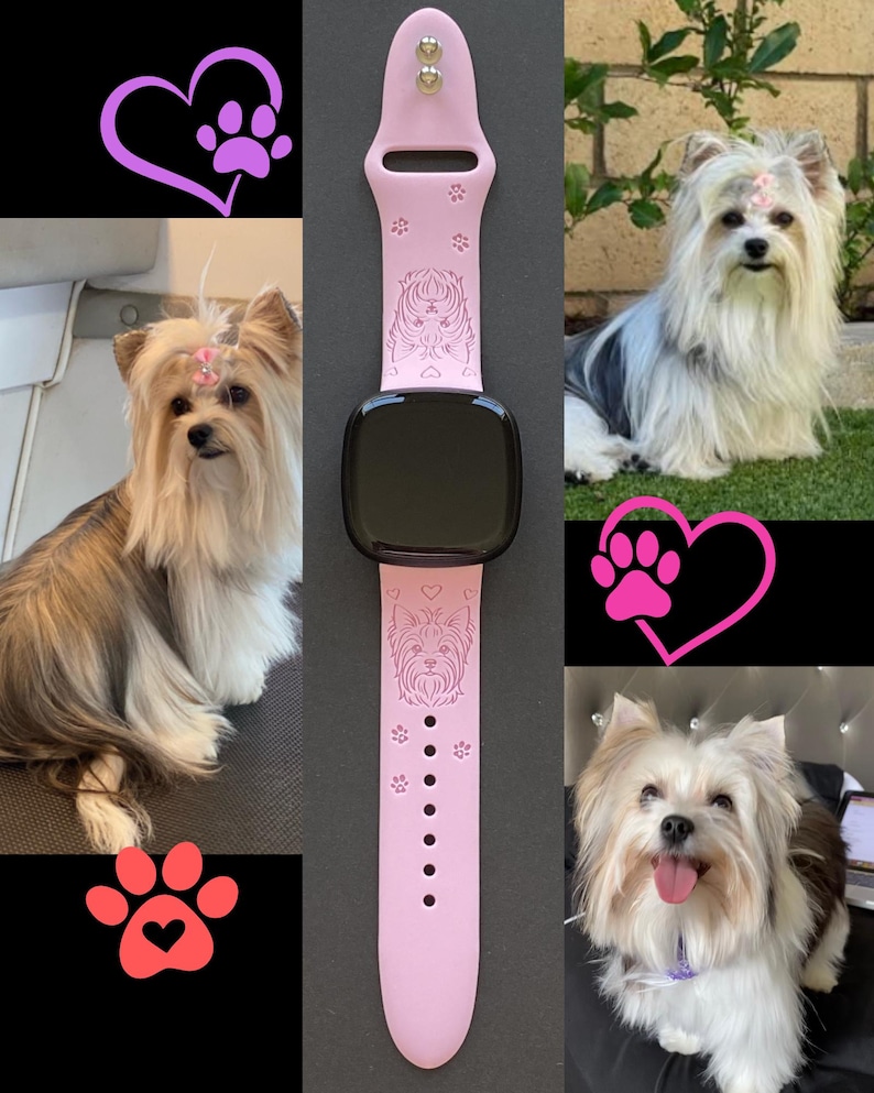 May include: A pink smartwatch band with a dog design and paw prints. The image also features several photos of a small dog with long, flowing fur. A heart-shaped paw print graphic is also shown.