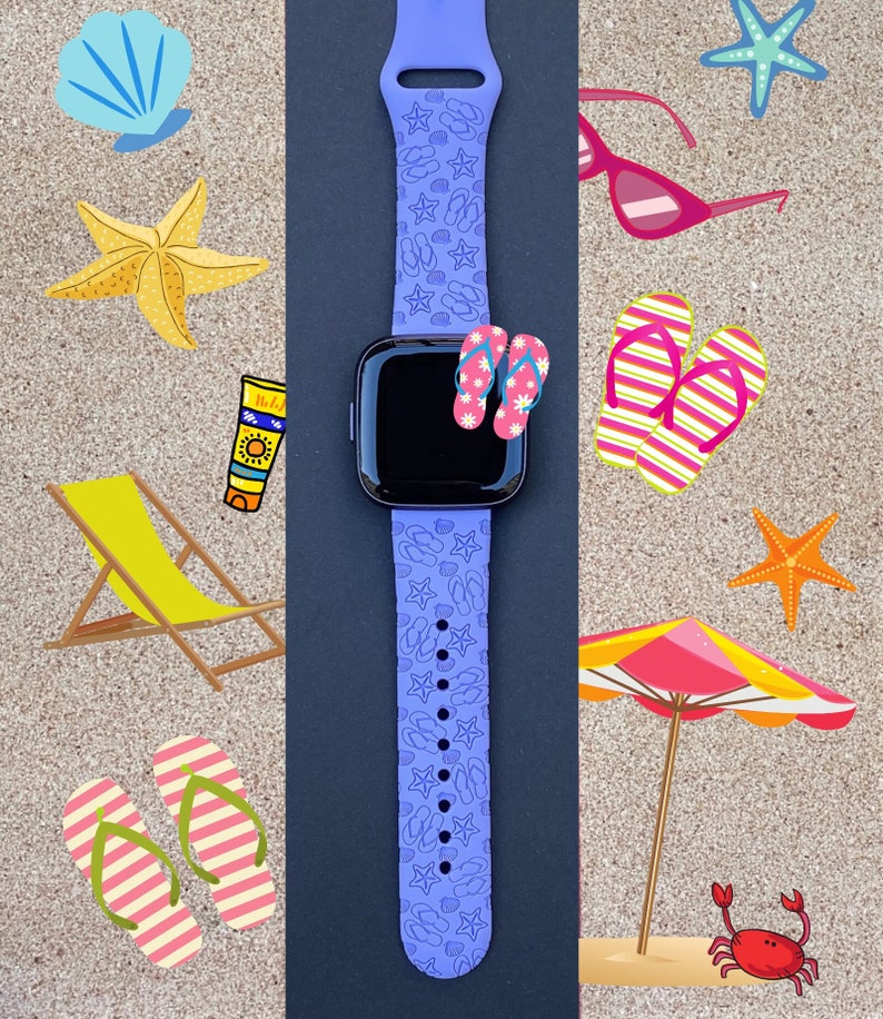 May include: A purple smartwatch band with a beach-themed design. The band features flip-flops, seashells, and starfish. The watch face is black and the band is made of silicone.