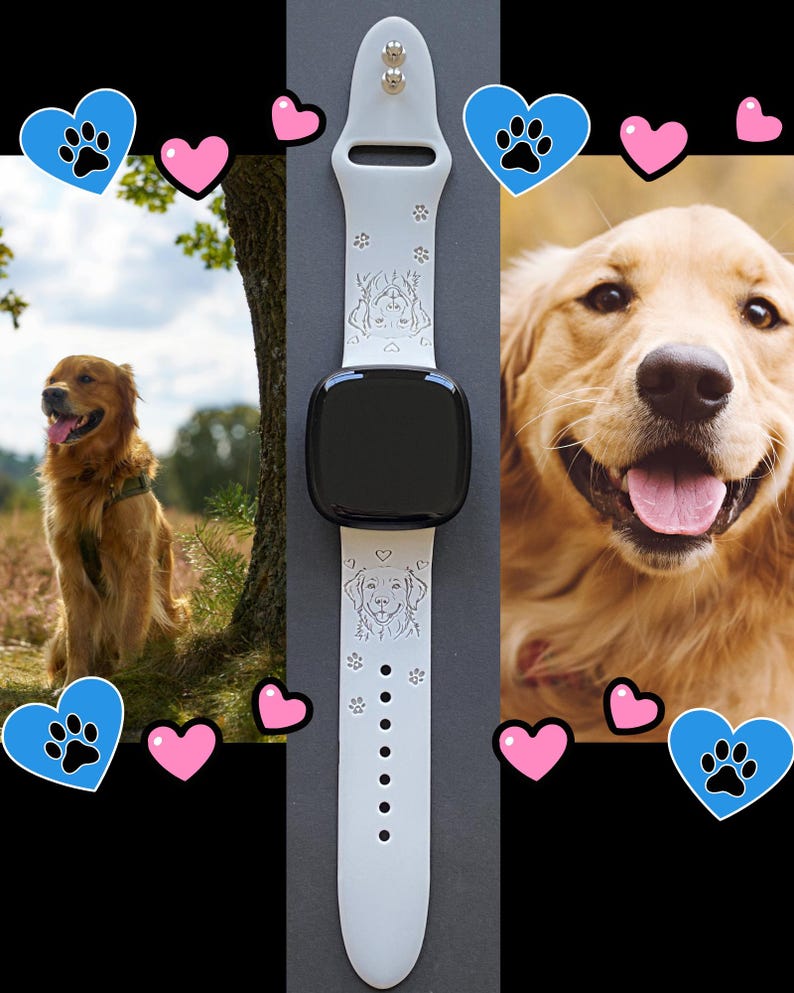 K&ouml;nnte beinhalten: Ein wei&szlig;es Smartwatch-Armband mit einem Hundeportr&auml;t und Pfotenabdr&uuml;cken. Das Armband wird mit Bildern eines Golden Retriever-Hundes sowie Herz- und Pfotenabdruckgrafiken gezeigt. Ein Accessoire zum Thema Haustiere.
