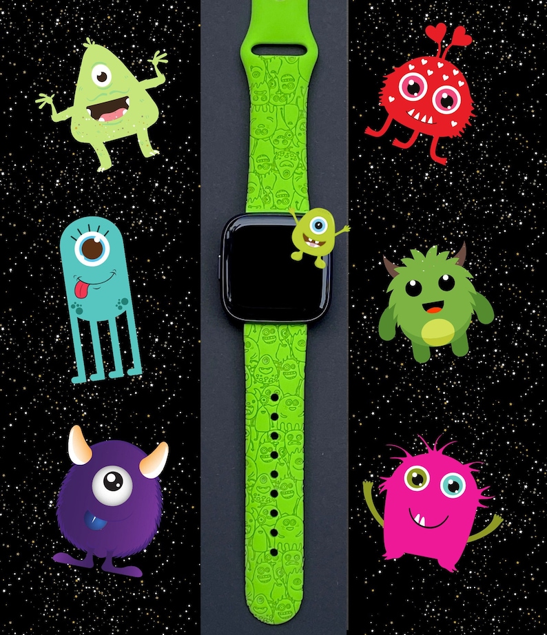 Puede incluir: Una banda de reloj inteligente verde con un patr&oacute;n repetido de monstruos de dibujos animados. La banda est&aacute; hecha de silicona y tiene una esfera de reloj negra.