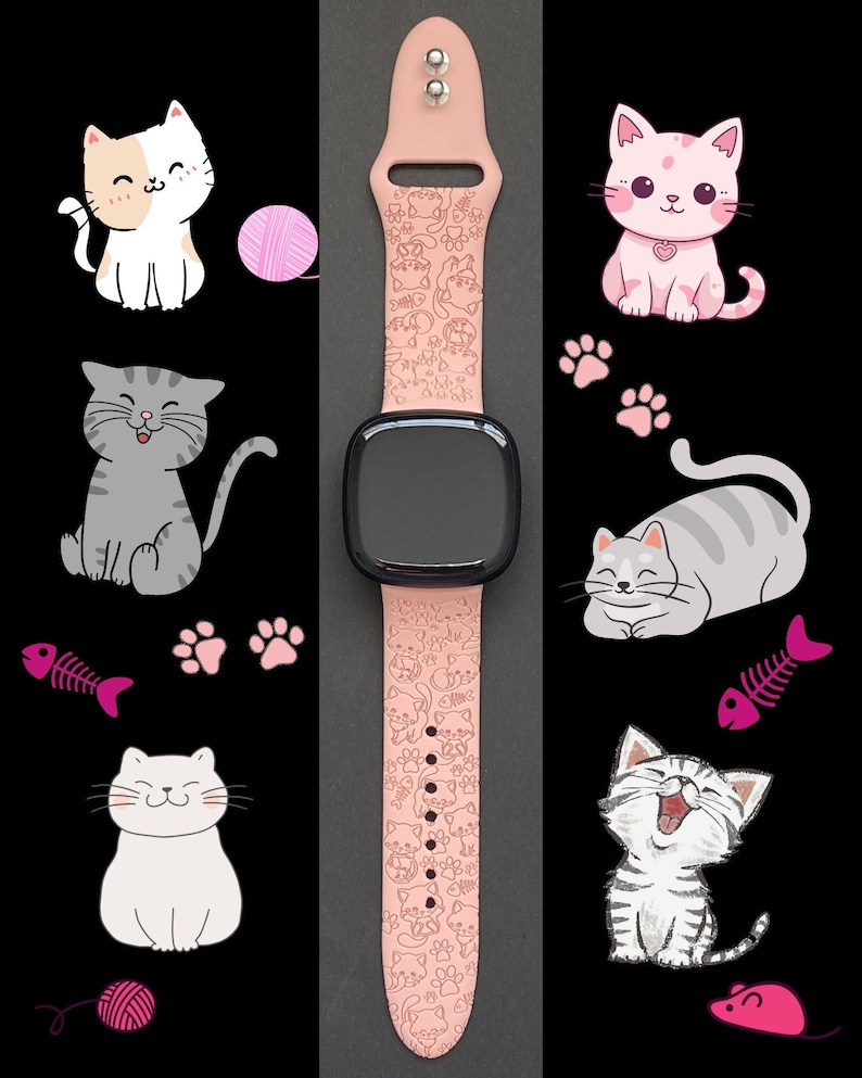 K&ouml;nnte beinhalten: Ein rosa Smartwatch-Armband mit schwarzem Bildschirm, verziert mit Katzenillustrationen und Pfotenabdr&uuml;cken. Der schwarze Hintergrund zeigt Cartoon-Katzen und rosa Wollkn&auml;uel.