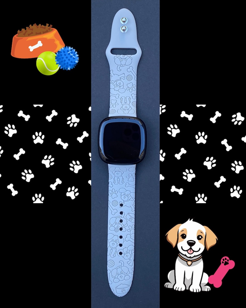 Puede incluir: Una correa de reloj de silicona blanca con un dise&ntilde;o de hueso de perro y huella de pata. La correa es compatible con un reloj inteligente. La esfera del reloj es negra y la correa tiene una hebilla plateada.