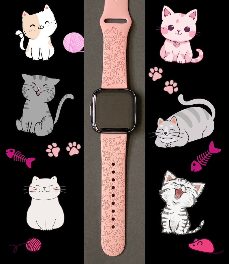 Może przedstawiać: R&oacute;żowy silikonowy pasek do Apple Watch z wzorem białych kot&oacute;w. Pasek jest pokazany na czarnym tle z obrazami kot&oacute;w i akcesori&oacute;w z motywem kot&oacute;w.