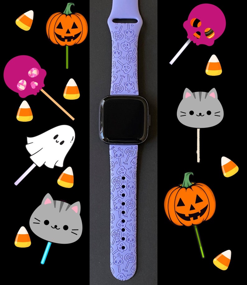May include: A purple silicone watch band with a Halloween theme. The band features a repeating pattern of ghosts, pumpkins, candy corn, and cats.