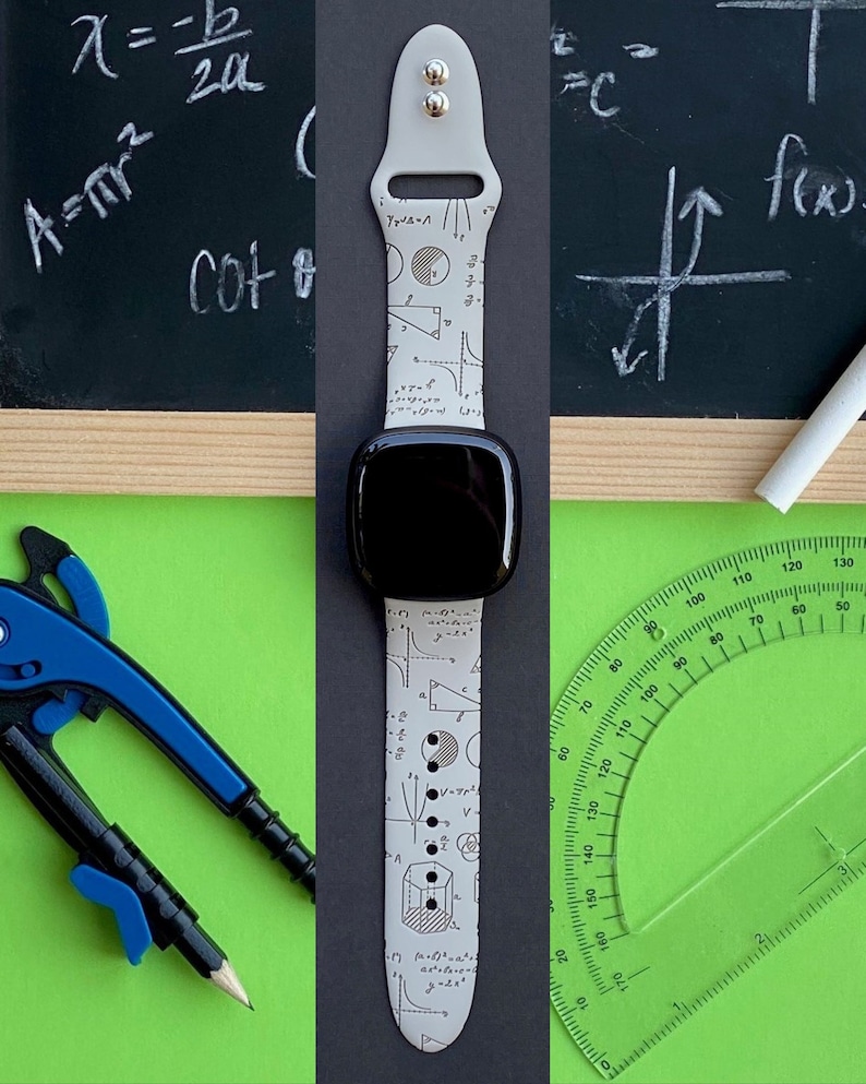 May include: A white Apple Watch band with a black watch face. The band is printed with mathematical formulas and symbols. The watch is on a black surface with a green surface to the left and a black chalkboard to the right. The chalkboard has math equations written on it.