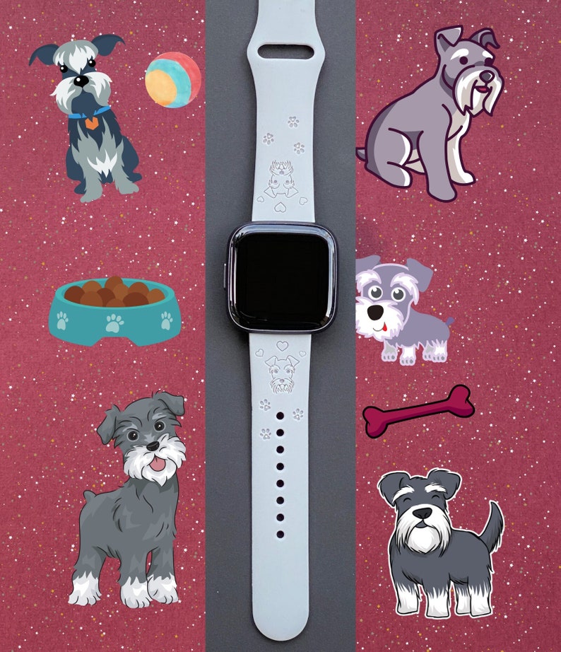 May include: A white smartwatch with a black screen and a gray silicone band. The band has paw prints and hearts engraved on it. The image also features several cartoon images of miniature schnauzers in various poses.