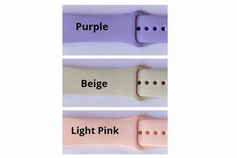 May include: Three watch bands in different colors: purple, beige, and light pink. Each band has a buckle and five holes for adjusting the fit.