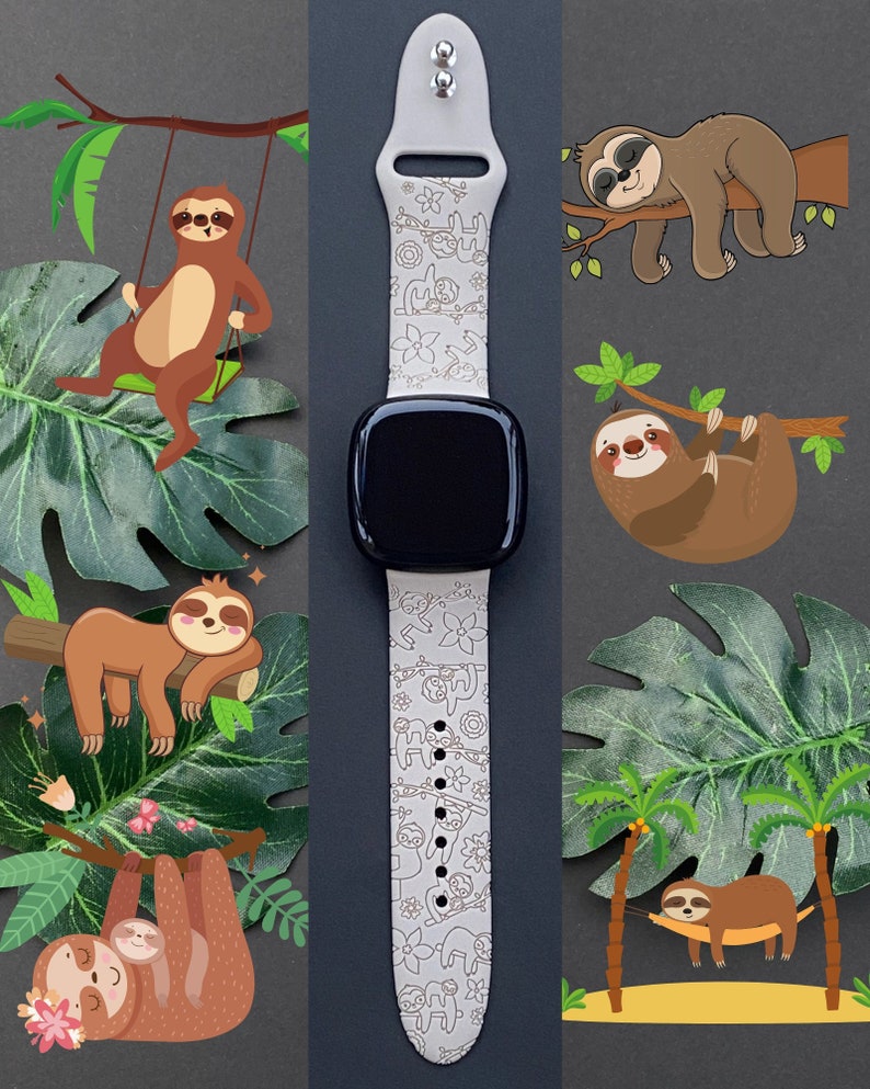 May include: White silicone watch band with a black watch face. The band has a repeating pattern of sloths in various poses, including hanging from branches, sleeping, and swinging on a swing. The band is designed for a smartwatch.