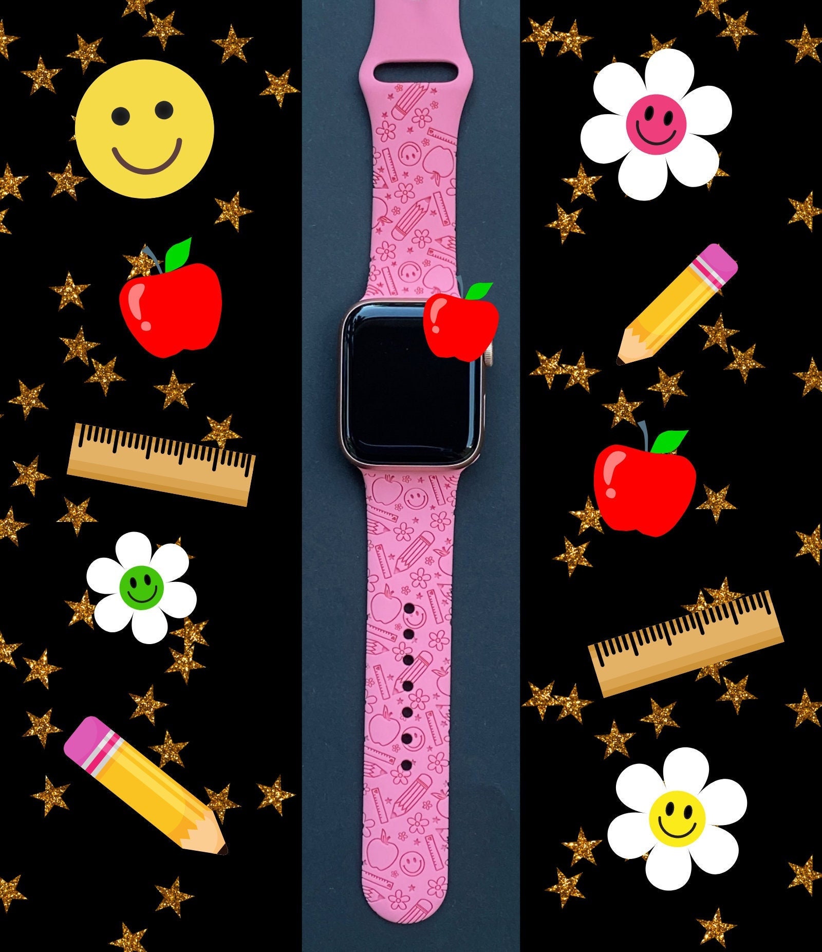 Smiley Teacher Watch Band 38mm 40mm 41mm 42mm 44mm 45mm  S/M M/L Series 1,2,3,4,5,6,7,8,9 Silicone Engraved Teacher Watchband Replacement
