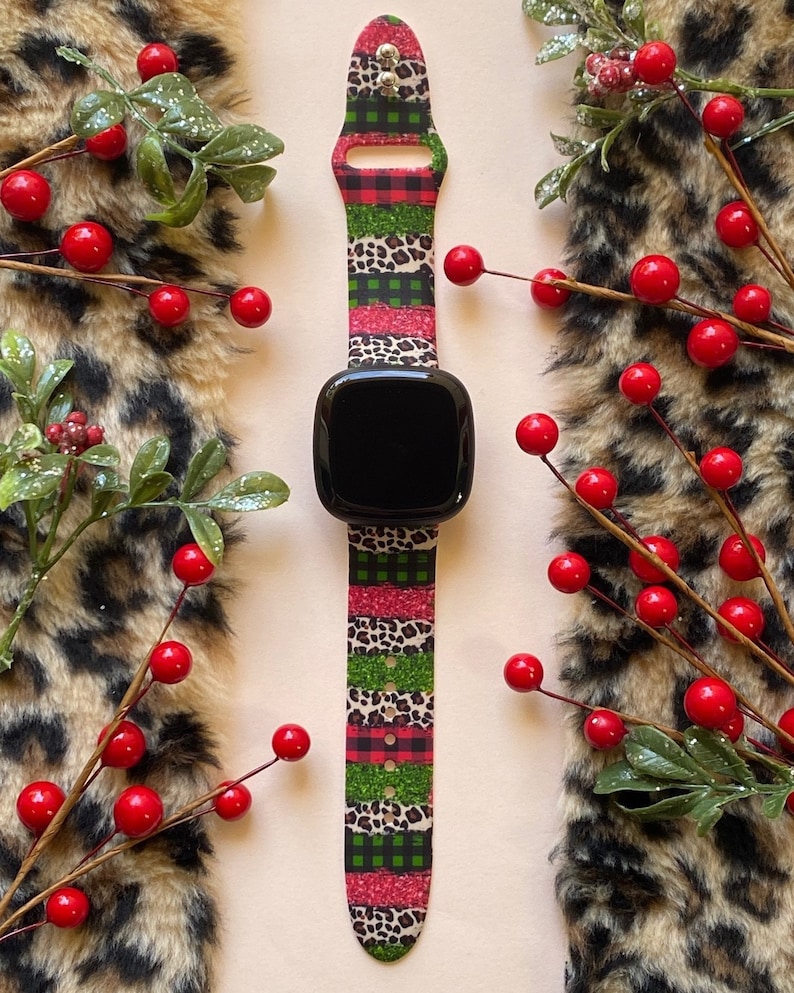 Christmas Leopard Fitbit Versa 1/Versa 2/Versa Lite S/L Silicone Engraved Cute Holiday Winter Watchband Replacement image 1