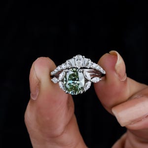 Unique Oval Green Moissanite Engagement Ring Set, Anniversary Ring, Unique Dainty Ring, Ring For women, Promise Wedding Bridal Ring Set