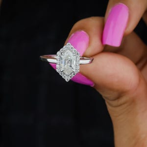 2 CT Hexagon Moissanite Engagement Ring | Halo Setting, Elongated Hexagon Cut, Unique Solitaire Design, Anniversary Gift, Vintage Style