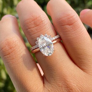 3 CT Oval Cut Lab Grown Engagement Ring, Hidden Halo Set Round Diamond Ring With Curved Eternity Wedding Band, Bridal Set Anniversary Ring