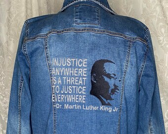MLK Dr Martin Luther King Justicia Social Historia Negra Bordado Reciclado Chaqueta de mezclilla Tamaño grande