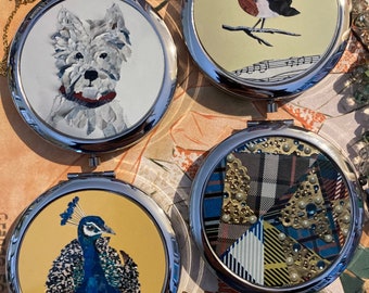 Compact Mirrors - paper collage of Peacock, Wee Westie , Robin or Scottish Tartan