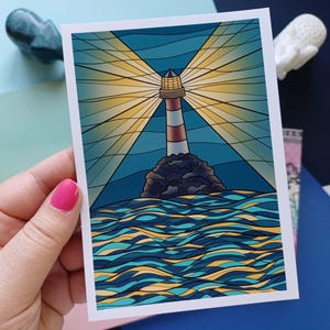 Impression d'art phare vitrail A6 A5 A4 carte postale art mural foncé