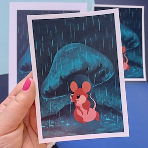 Averses d'avril, impression d'art souris champignon vénéneux A6 A5 A4 carte postale art mural