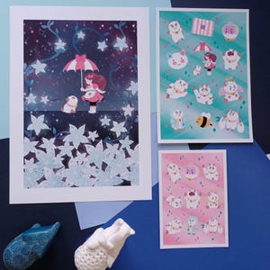 Lot de 3 imprimés abeille chiot chat - 3 tailles décoration murale A6 A5 A4
