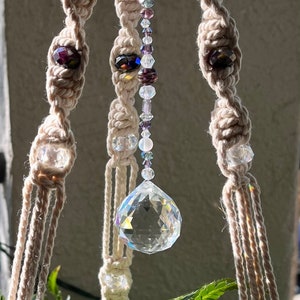 Amethyst Glow Sun Catching Macrame Plant Hanger with Purple Iridescent Crystal Beading and Prism Pendant