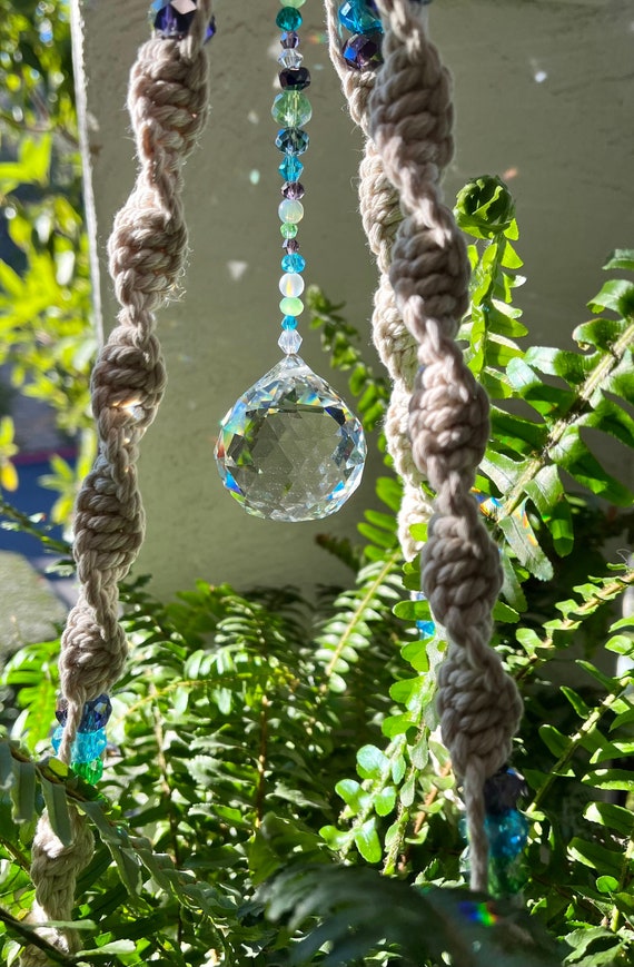 Mermaid Suncatcher Macrame Plant Hanger With Crystal Beading Etsy