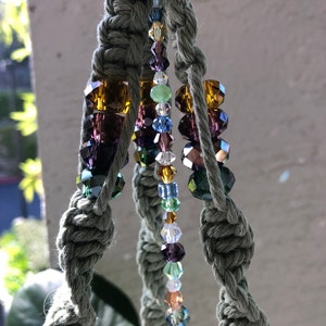 Large Jewel Tone Crystal Macrame Plant Hanger in Sage Green