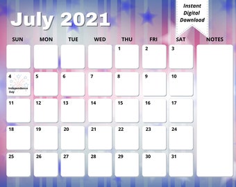 Calendario stampabile di luglio / Download istantaneo / Calendario luglio 2021 / Pianificatore digitale mensile / Calendario formato lettera USA
