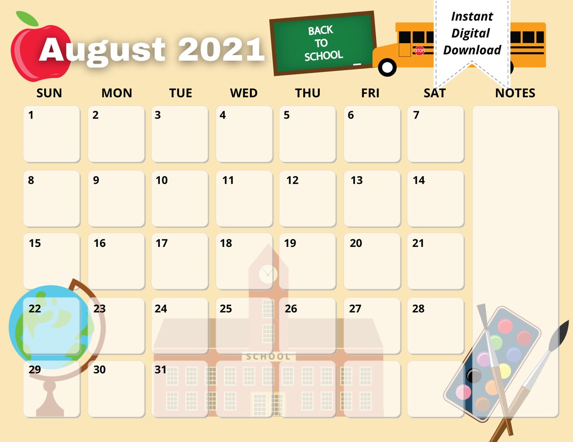 August Printable Calendar Back To School Calendar Instant | Etsy