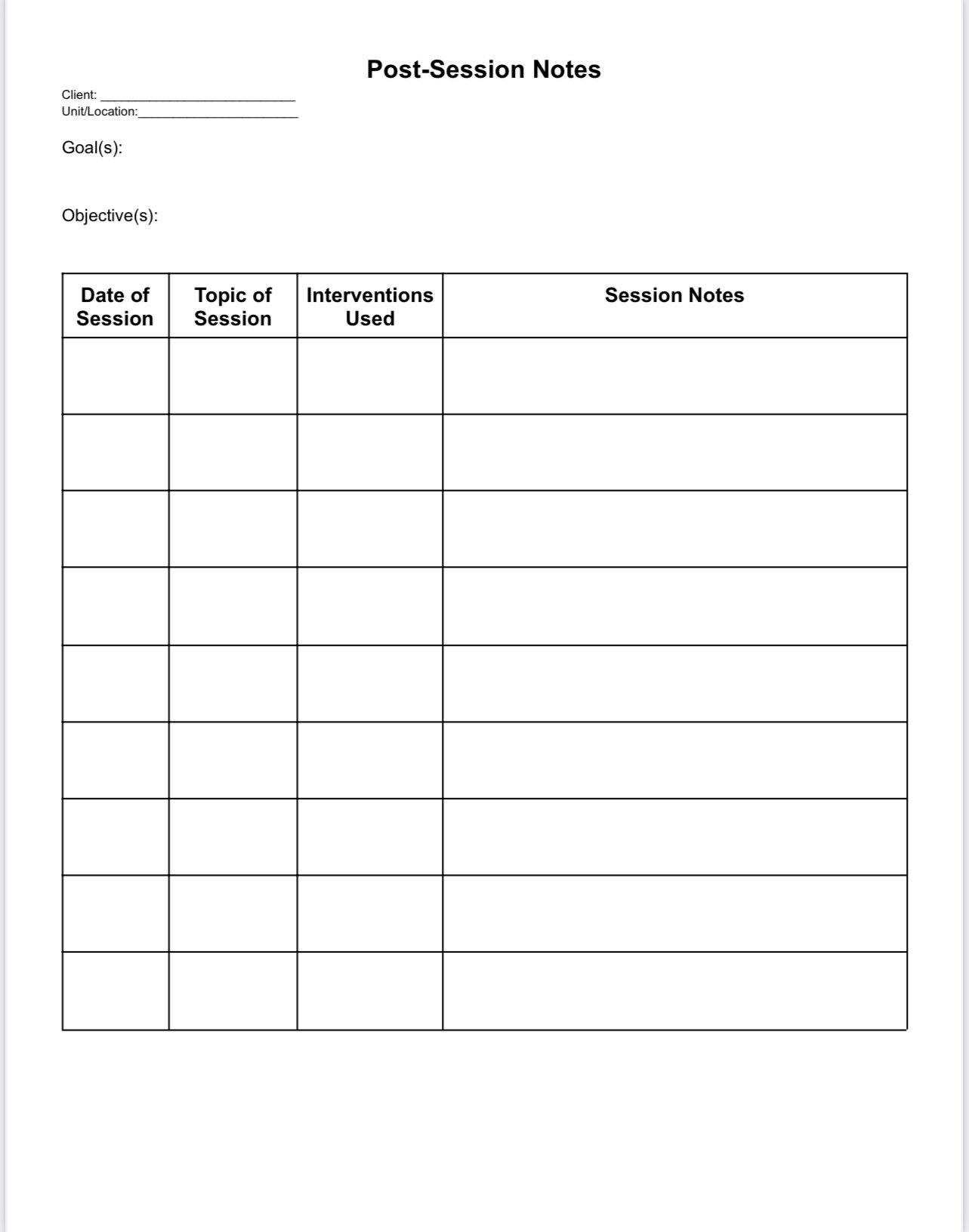 Session Plan, Session Plan Overview, and Post-session Documentation ...