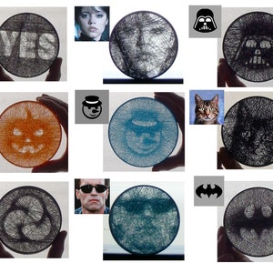 Puede incluir: Nueve piezas redondas de arte de hilo negro con varios diseños, incluyendo "YES", una calabaza, un muñeco de nieve, un gato, un triskel, Darth Vader, Batman y Terminator.