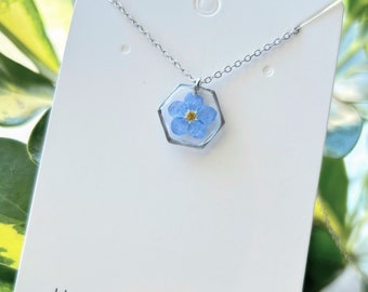 Handmade Myosotis Forget Me Not real  flower hexagon pendant necklace, something blue, gift, pendant, pretty, wedding, birthday, prom
