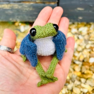 May include: A crocheted frog toy, featuring a green head, white body, and a blue jacket. The frog has large black eyes and green legs. A charming, handmade item.