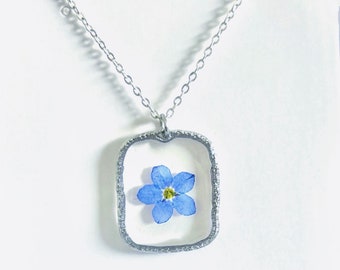 Handmade Myosotis Forget Me Not real  flower rectangle pendant necklace, something blue, gift, pendant, pretty, wedding, birthday, prom