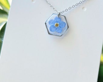 Handmade Myosotis Forget Me Not real  flower hexagon pendant necklace, something blue, gift, pendant, pretty, wedding, birthday, prom