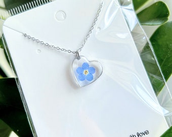 Handmade, Forget Me Not flower heart shaped resin necklace, prom,  wedding, something blue, gift, pendant, wedding, birthday, anniversary