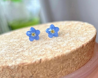 Handmade Forget-Me-Not Stud Earrings: Stainless Steel, Real Flower Jewelry