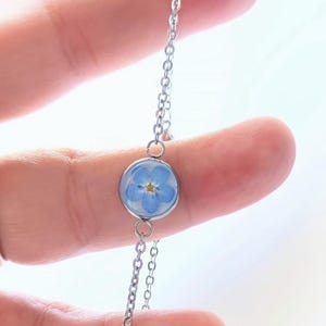 Pressed Forget Me Not Bracelet: Handmade Resin Stainless Steel Jewelry
