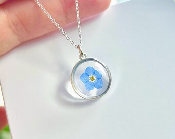 Handmade Myosotis Forget Me Not real  flower in resin necklace, something blue, gift, pendant, pretty, wedding, birthday, anniversary, prom