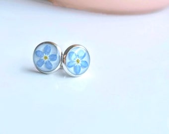 Handmade Forget Me Not Stud Earrings: Pressed Flower Jewelry