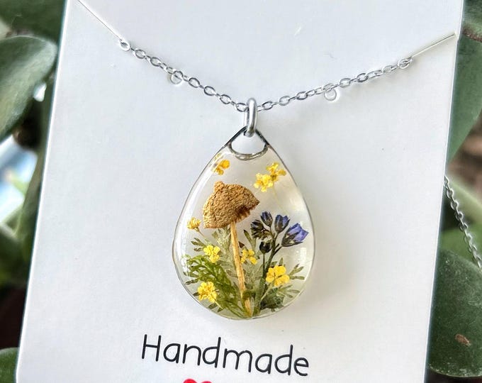 Terrarium Necklace Containing a Real Dried Wild Mushroom, Unique
