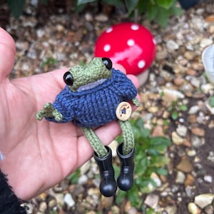 Handmade Knitted Frog: Posable Pocket Frog with Blue Sweater. knit frog doll, christmas gift