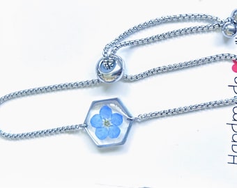 Bracelet réglable de taille myosotis fait main, quelque chose de bleu, cadeau, mariée, anniversaire, mariage, bal des finissants, demoiselle d'honneur