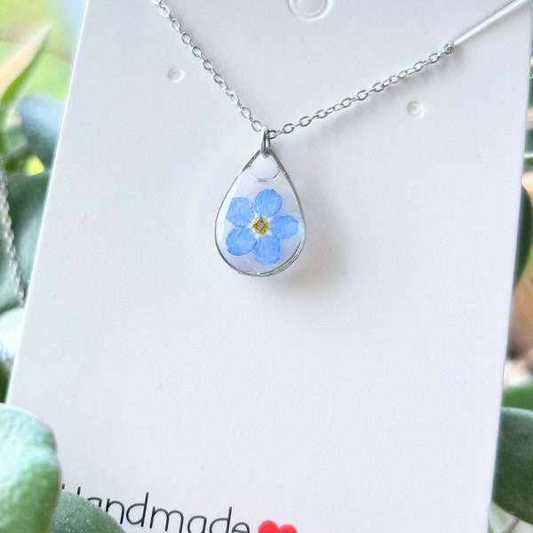 Handmade Myosotis Forget Me Not real  flower in resin necklace, something blue, gift, pendant, pretty, wedding, birthday, anniversary, prom