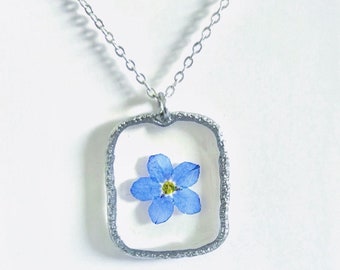 Handmade Myosotis Forget Me Not real  flower rectangle pendant necklace, something blue, gift, pendant, pretty, wedding, birthday, prom
